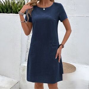 Emery Rose Women’s Blue Dress 100% Cotton Casual Unlined Dress with Pockets Sz M